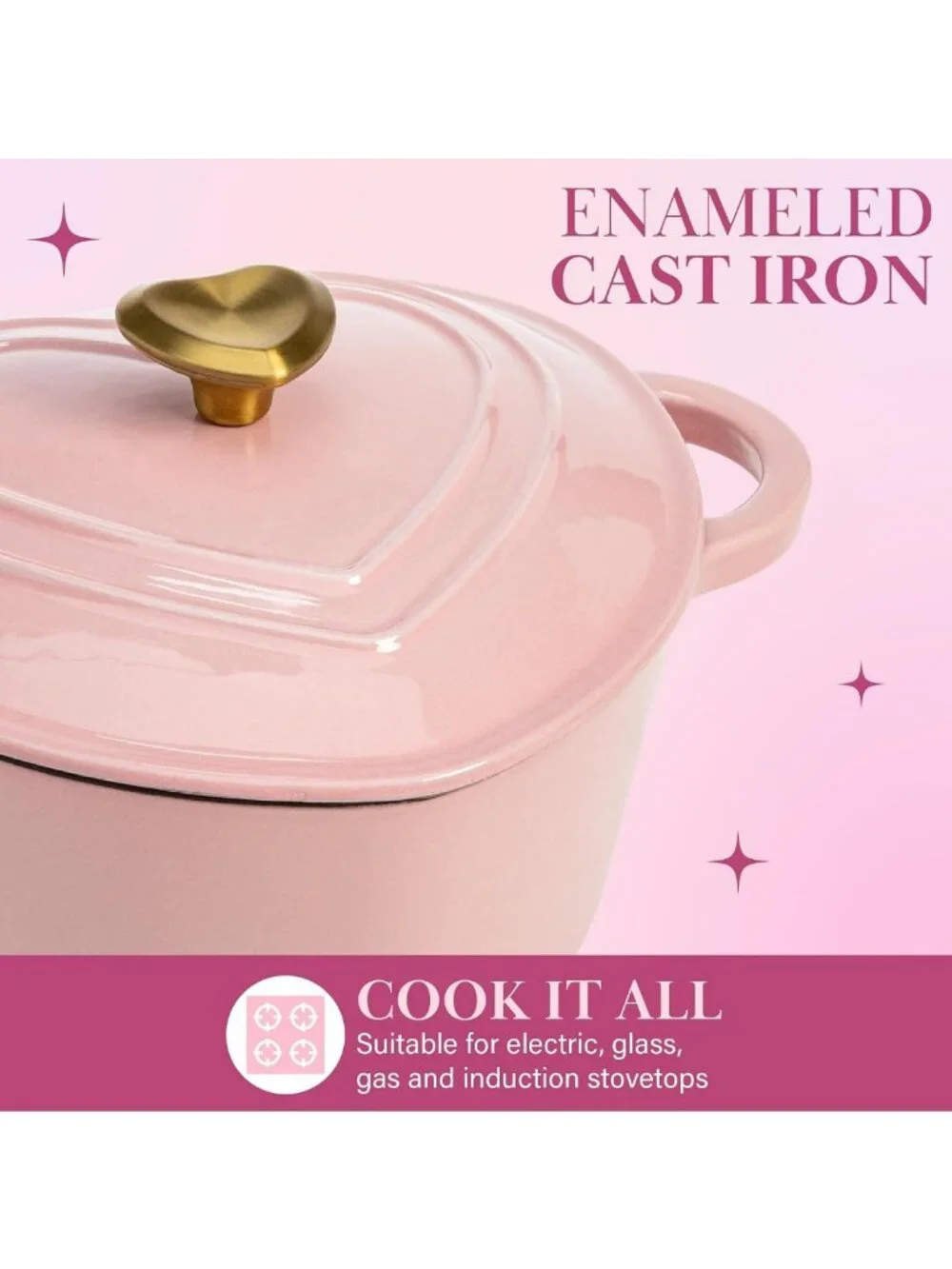 Heart-Shaped Enameled Cast Iron Dutch Oven Pot with Lid, 4-Quart, Pink, Oven